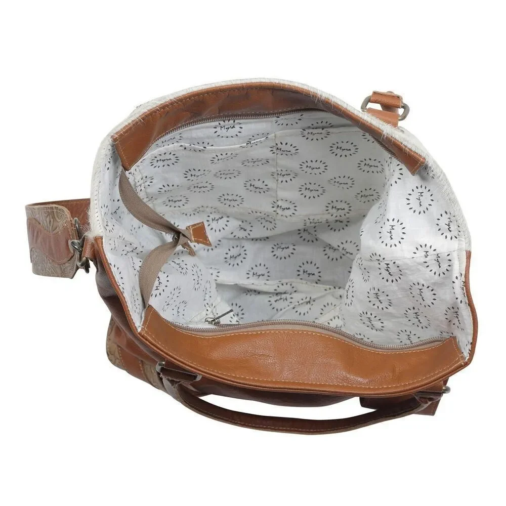Myra Bag Handmade Burnished Hand Tooled Bag Upcycled Canvas & Cowhide Leather